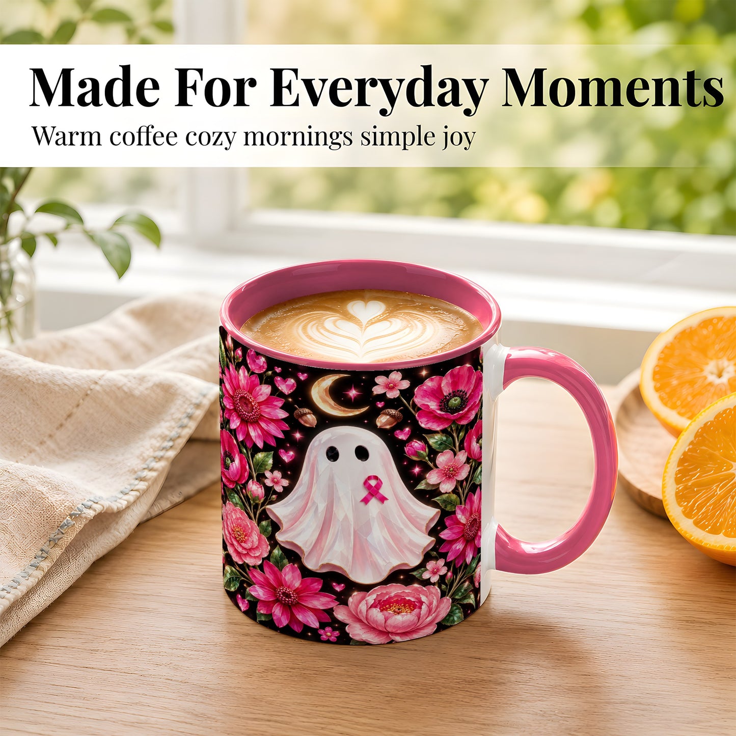 #pl[11oz|Pink] Gem Style Pink Ghost Coffee Mug, Awareness Ribbon Mug, Ceramic Cup