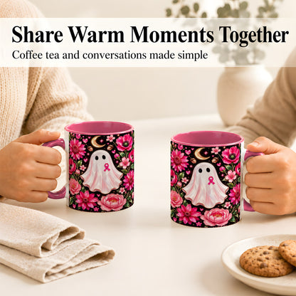 #pl[11oz|Pink] Gem Style Pink Ghost Coffee Mug, Awareness Ribbon Mug, Ceramic Cup