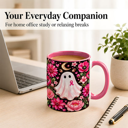 #pl[11oz|Pink] Gem Style Pink Ghost Coffee Mug, Awareness Ribbon Mug, Ceramic Cup