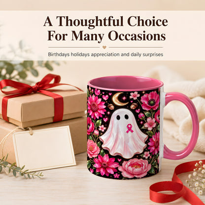 #pl[11oz|Pink] Gem Style Pink Ghost Coffee Mug, Awareness Ribbon Mug, Ceramic Cup