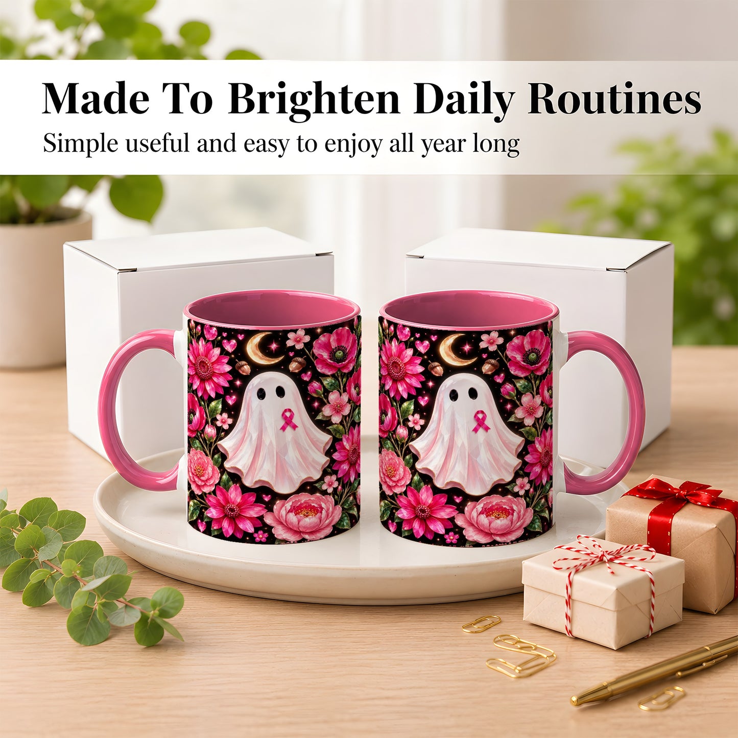 #pl[11oz|Pink] Gem Style Pink Ghost Coffee Mug, Awareness Ribbon Mug, Ceramic Cup