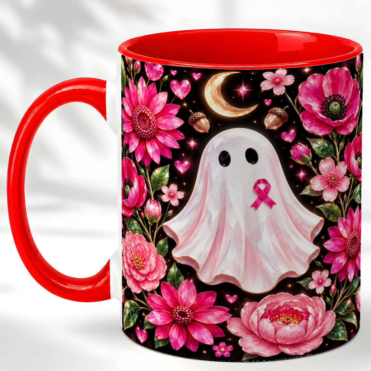 Gem Style Pink Ghost Coffee Mug, Awareness Ribbon Mug, Ceramic Cup
