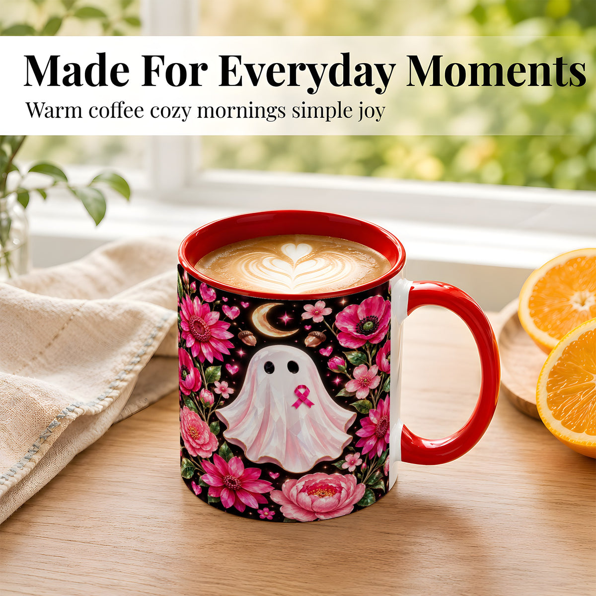 #pl[11oz|Red] Gem Style Pink Ghost Coffee Mug, Awareness Ribbon Mug, Ceramic Cup