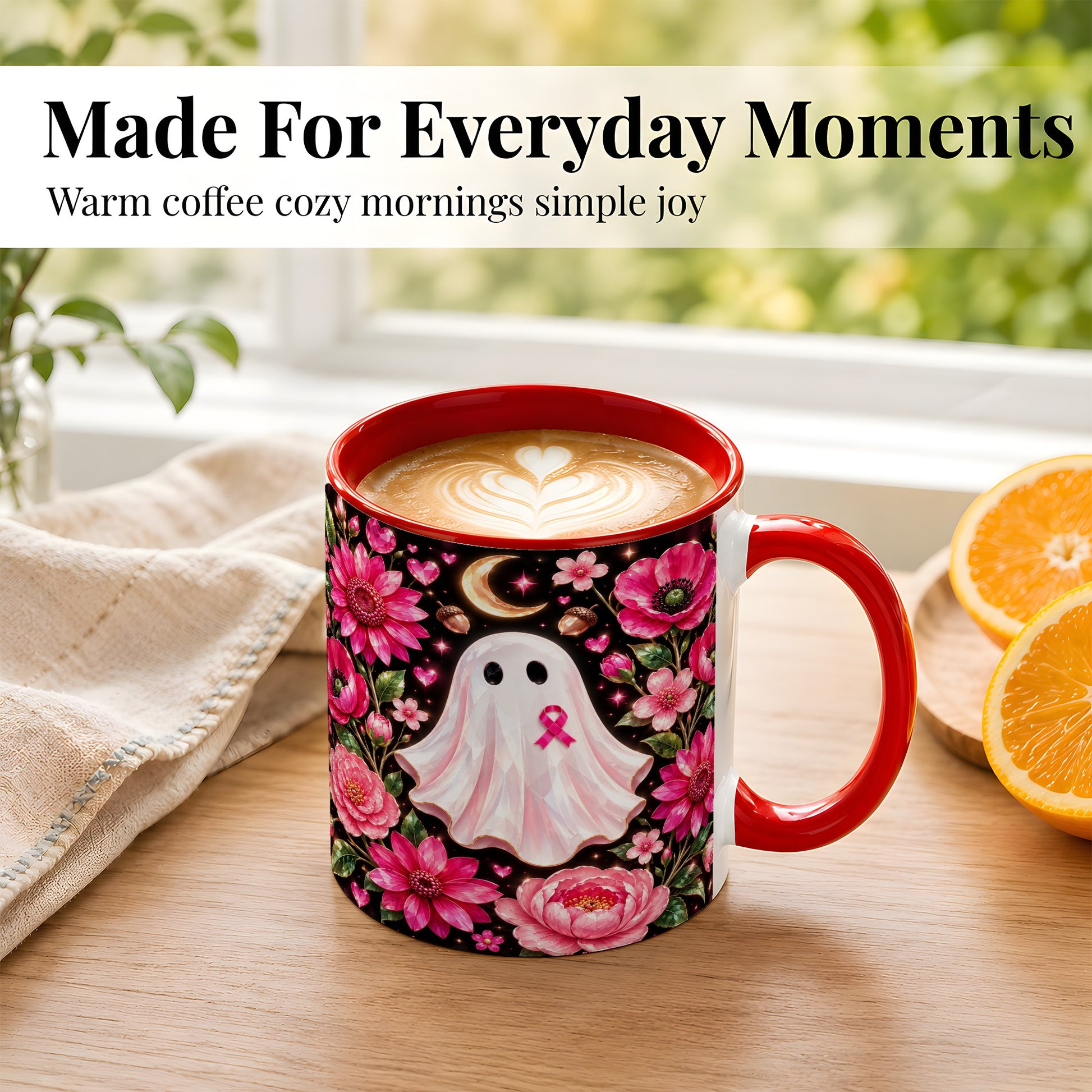 #pl[11oz|Red] Gem Style Pink Ghost Coffee Mug, Awareness Ribbon Mug, Ceramic Cup