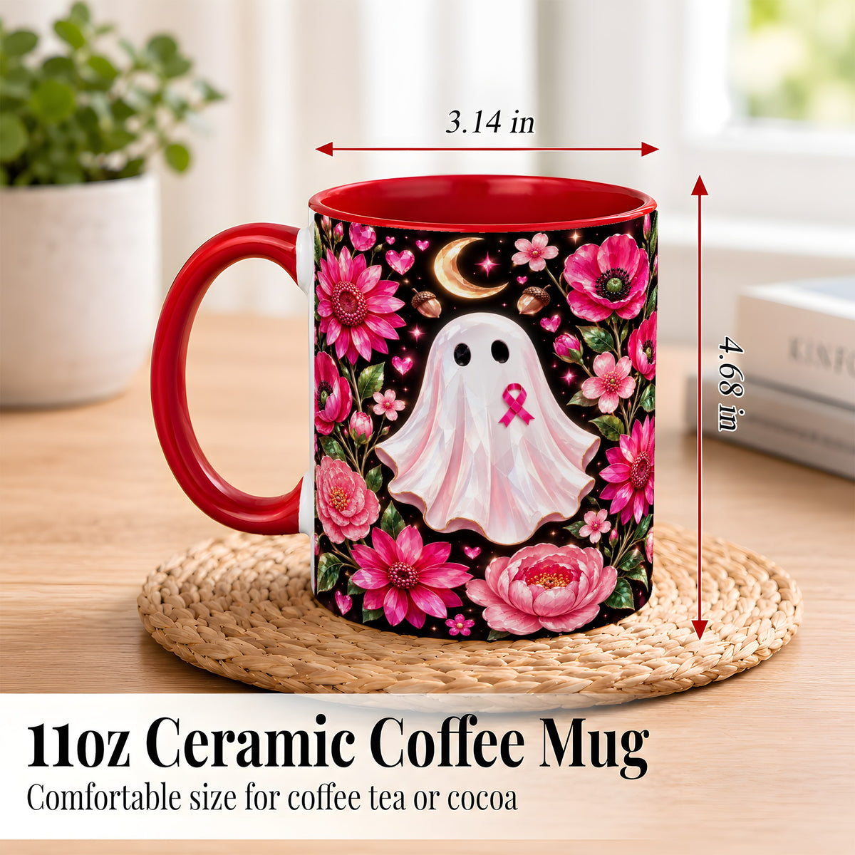 #pl[11oz|Red] Gem Style Pink Ghost Coffee Mug, Awareness Ribbon Mug, Ceramic Cup
