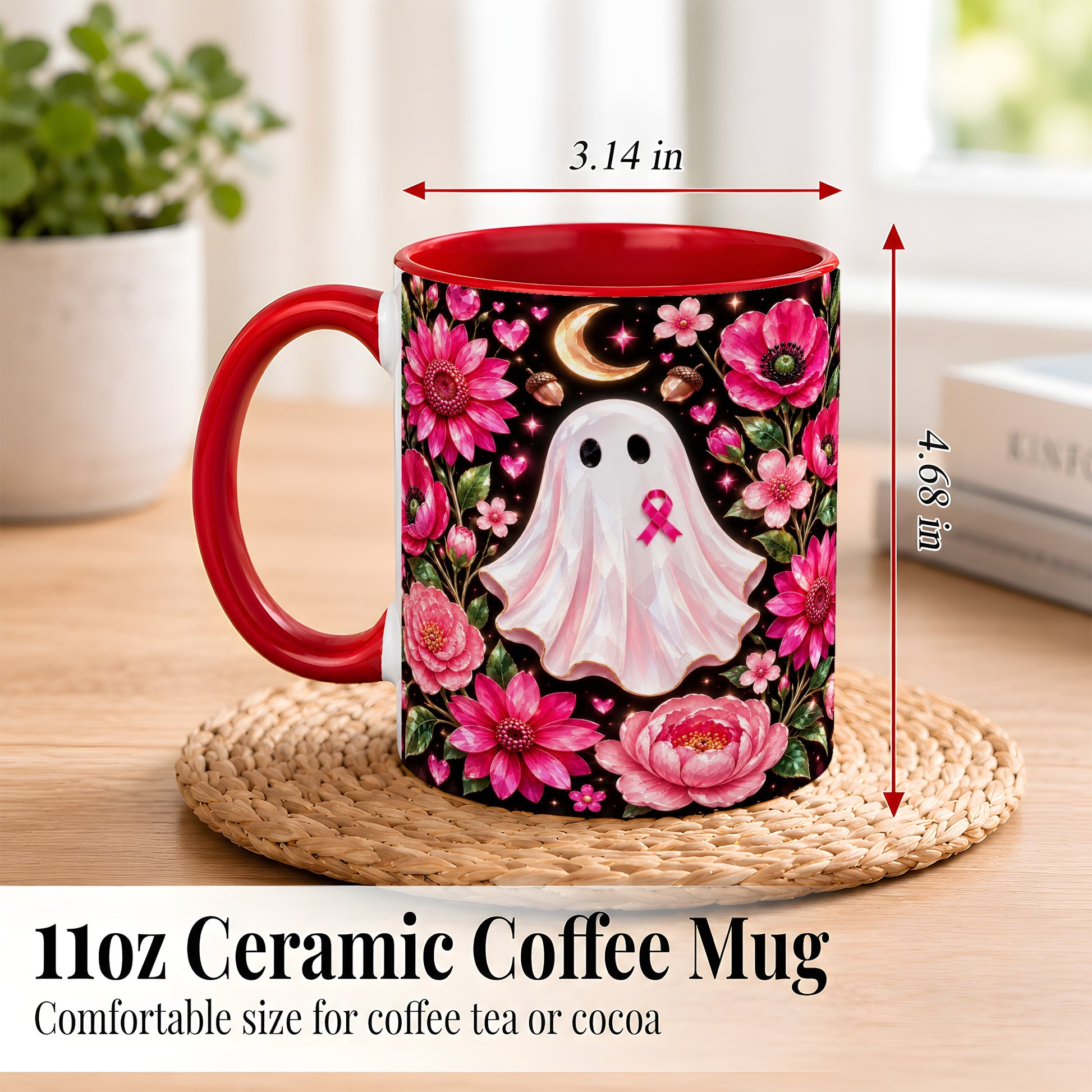 #pl[11oz|Red] Gem Style Pink Ghost Coffee Mug, Awareness Ribbon Mug, Ceramic Cup
