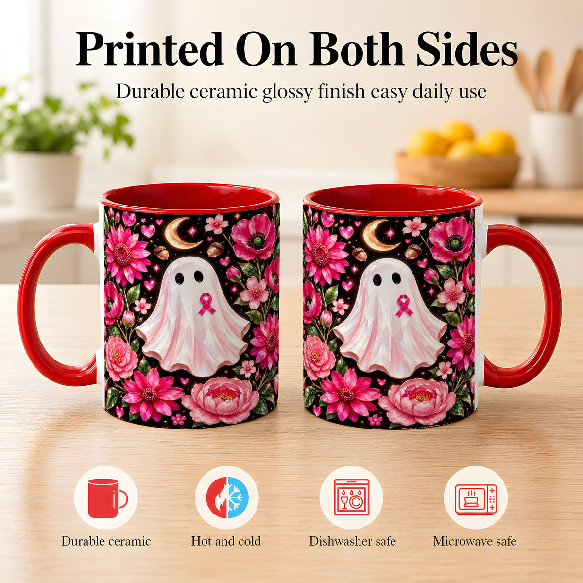 #pl[11oz|Red] Gem Style Pink Ghost Coffee Mug, Awareness Ribbon Mug, Ceramic Cup