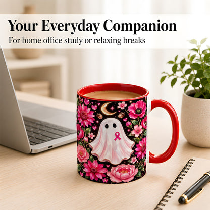 #pl[11oz|Red] Gem Style Pink Ghost Coffee Mug, Awareness Ribbon Mug, Ceramic Cup
