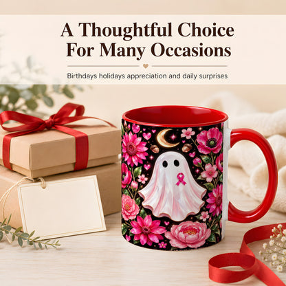 #pl[11oz|Red] Gem Style Pink Ghost Coffee Mug, Awareness Ribbon Mug, Ceramic Cup