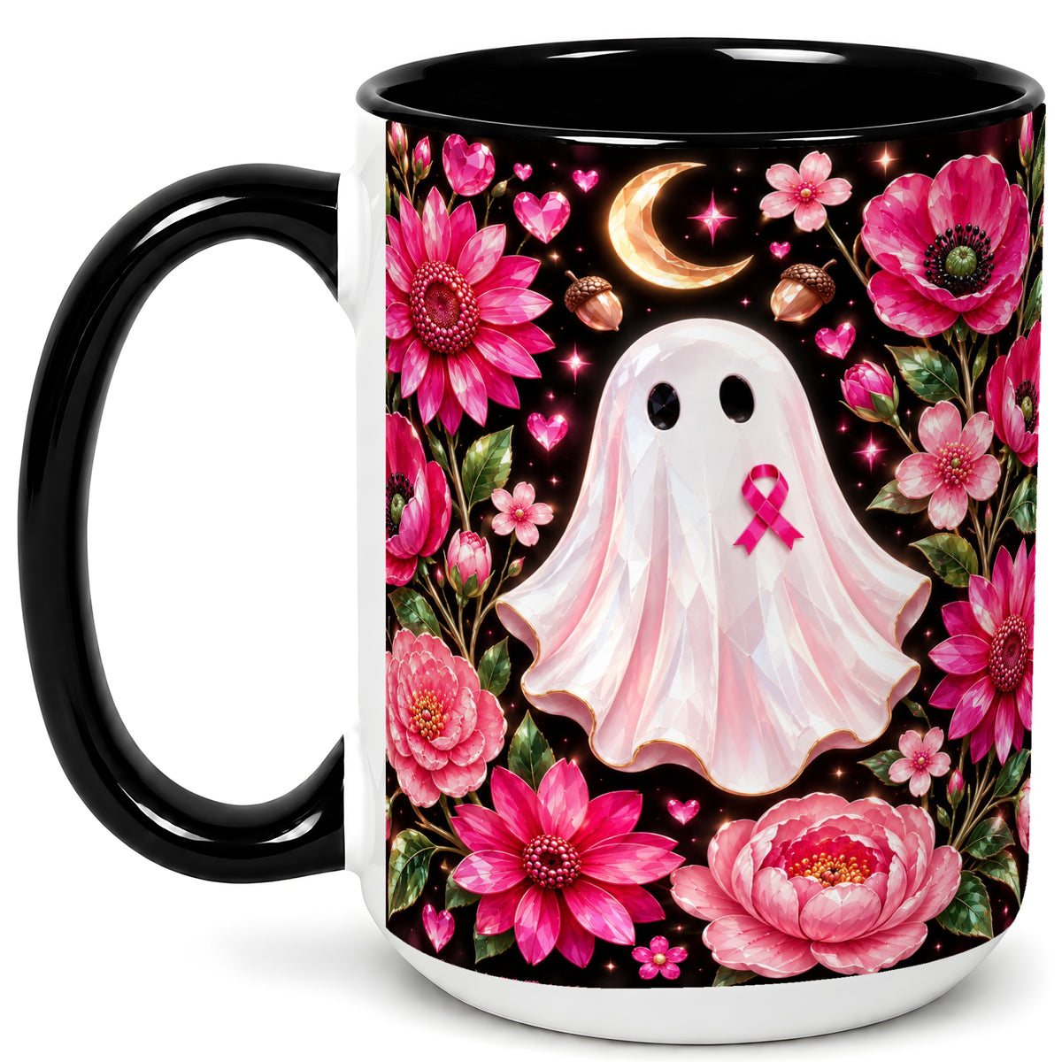 #pl[15oz|Black] Gem Style Pink Ghost Coffee Mug, Awareness Ribbon Mug, Ceramic Cup