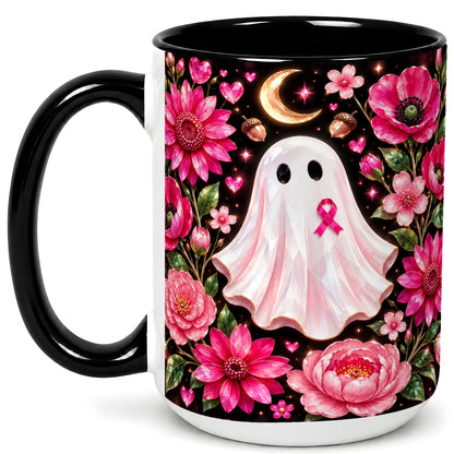 #pl[15oz|Black] Gem Style Pink Ghost Coffee Mug, Awareness Ribbon Mug, Ceramic Cup