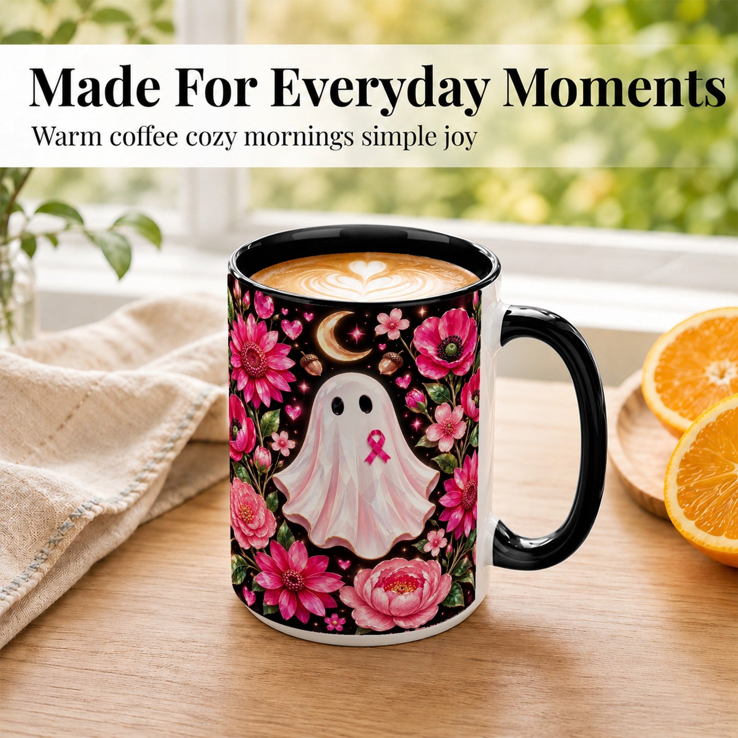 #pl[15oz|Black] Gem Style Pink Ghost Coffee Mug, Awareness Ribbon Mug, Ceramic Cup