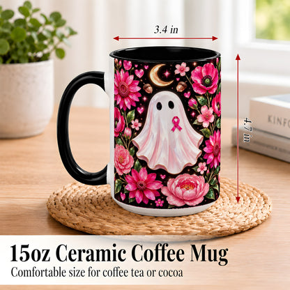 #pl[15oz|Black] Gem Style Pink Ghost Coffee Mug, Awareness Ribbon Mug, Ceramic Cup