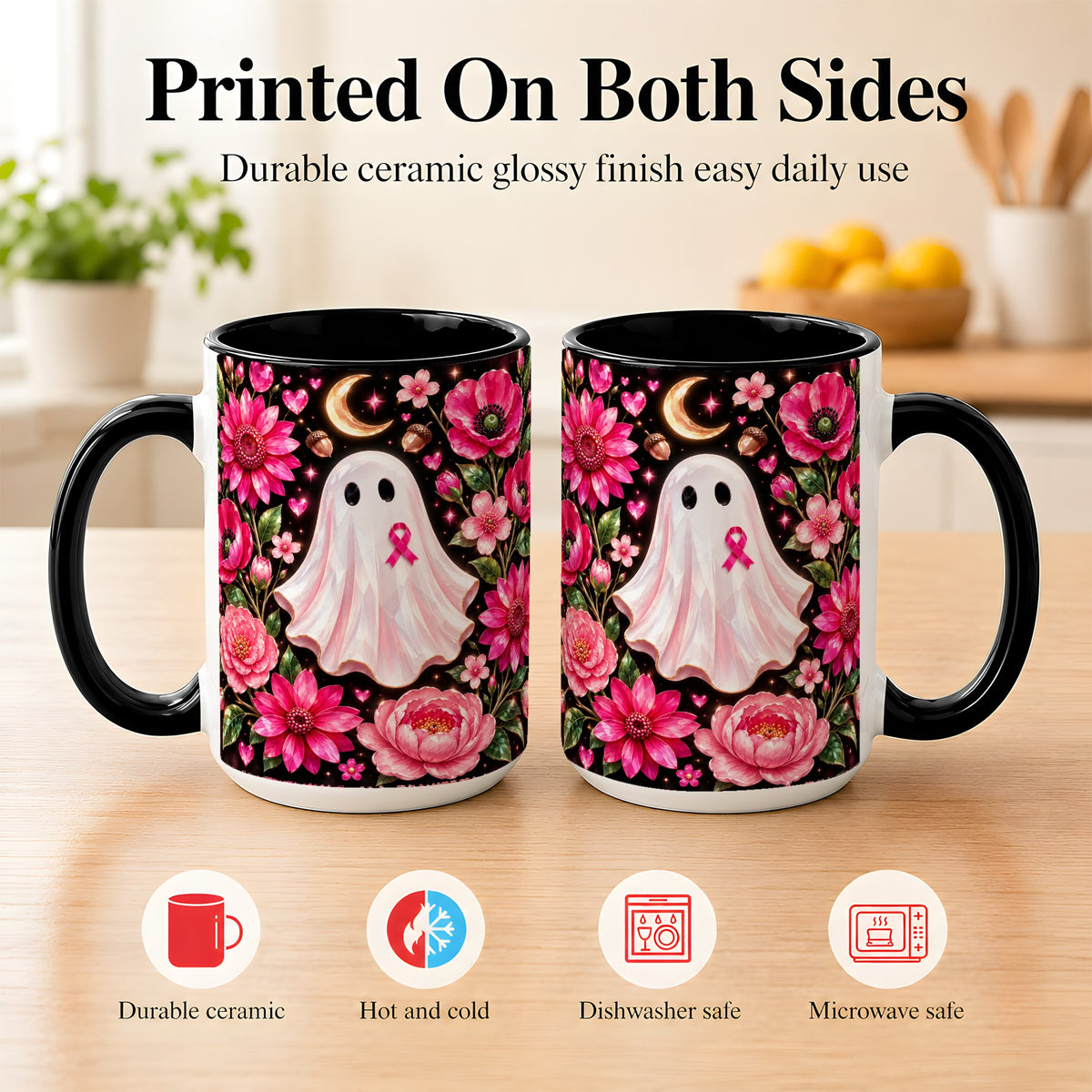 #pl[15oz|Black] Gem Style Pink Ghost Coffee Mug, Awareness Ribbon Mug, Ceramic Cup