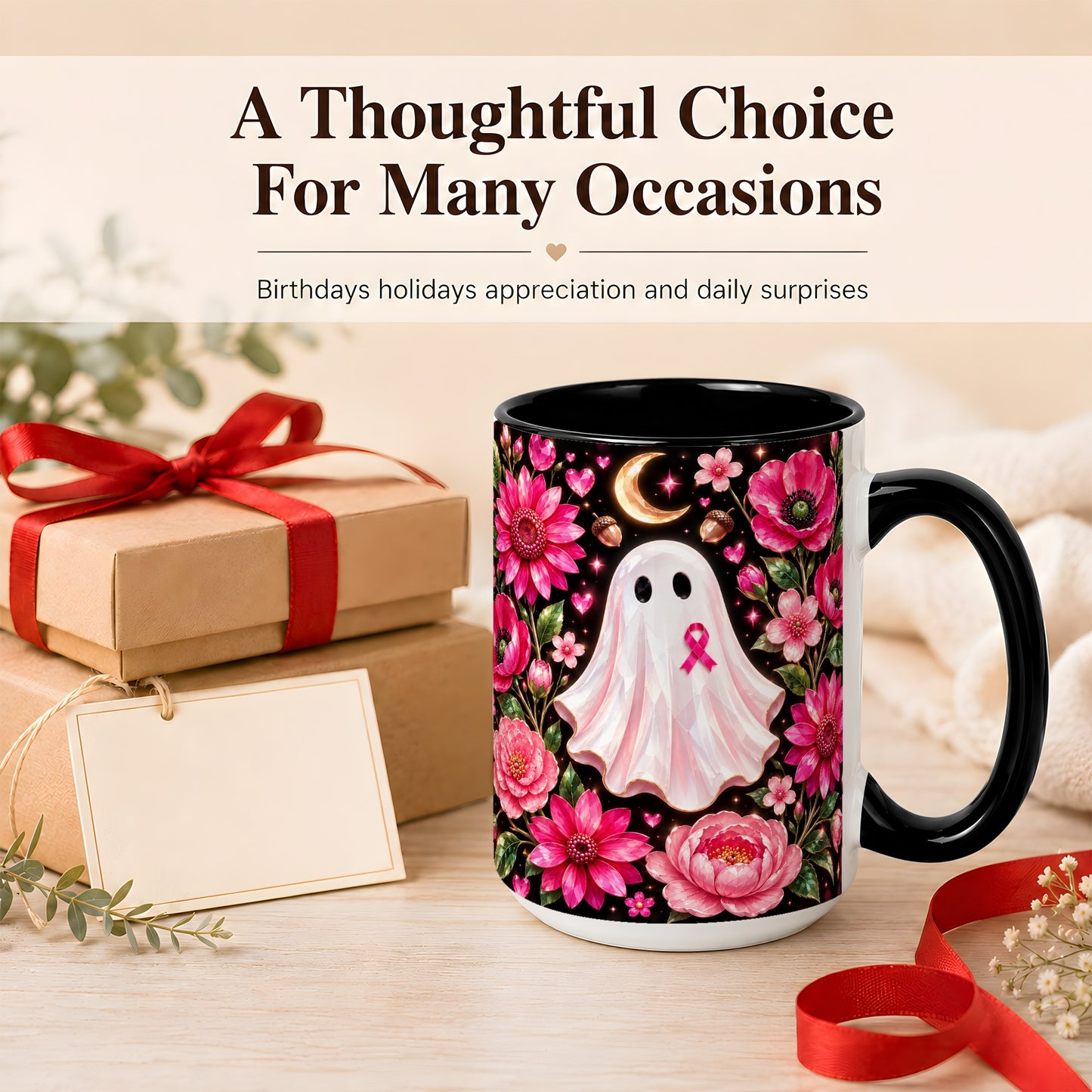 #pl[15oz|Black] Gem Style Pink Ghost Coffee Mug, Awareness Ribbon Mug, Ceramic Cup