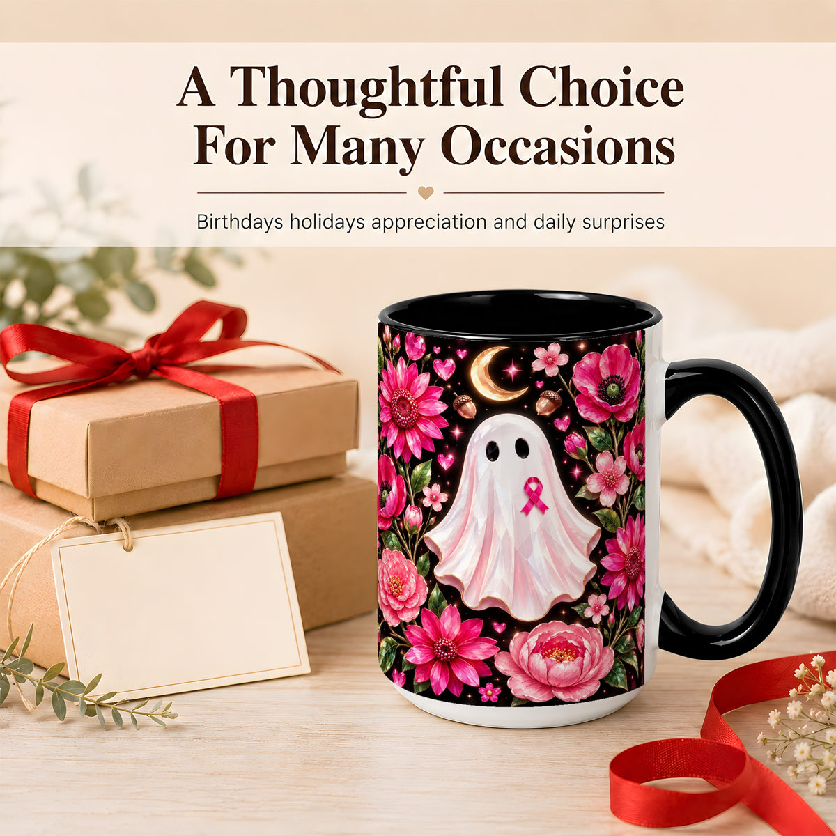 #pl[15oz|Black] Gem Style Pink Ghost Coffee Mug, Awareness Ribbon Mug, Ceramic Cup