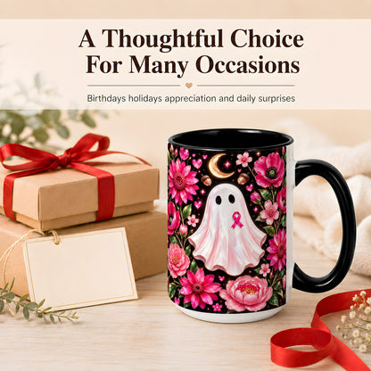 #pl[15oz|Black] Gem Style Pink Ghost Coffee Mug, Awareness Ribbon Mug, Ceramic Cup