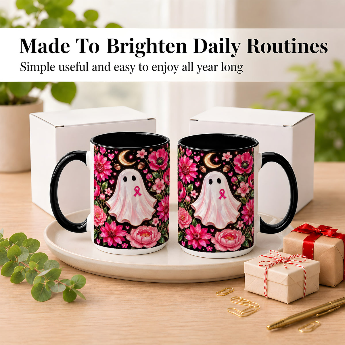 #pl[15oz|Black] Gem Style Pink Ghost Coffee Mug, Awareness Ribbon Mug, Ceramic Cup