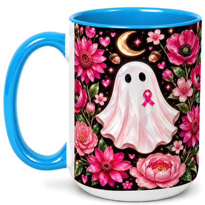 #pl[15oz|Blue] Gem Style Pink Ghost Coffee Mug, Awareness Ribbon Mug, Ceramic Cup