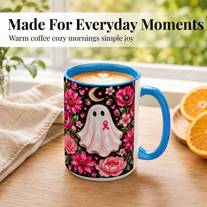 #pl[15oz|Blue] Gem Style Pink Ghost Coffee Mug, Awareness Ribbon Mug, Ceramic Cup
