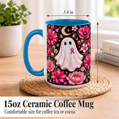 #pl[15oz|Blue] Gem Style Pink Ghost Coffee Mug, Awareness Ribbon Mug, Ceramic Cup
