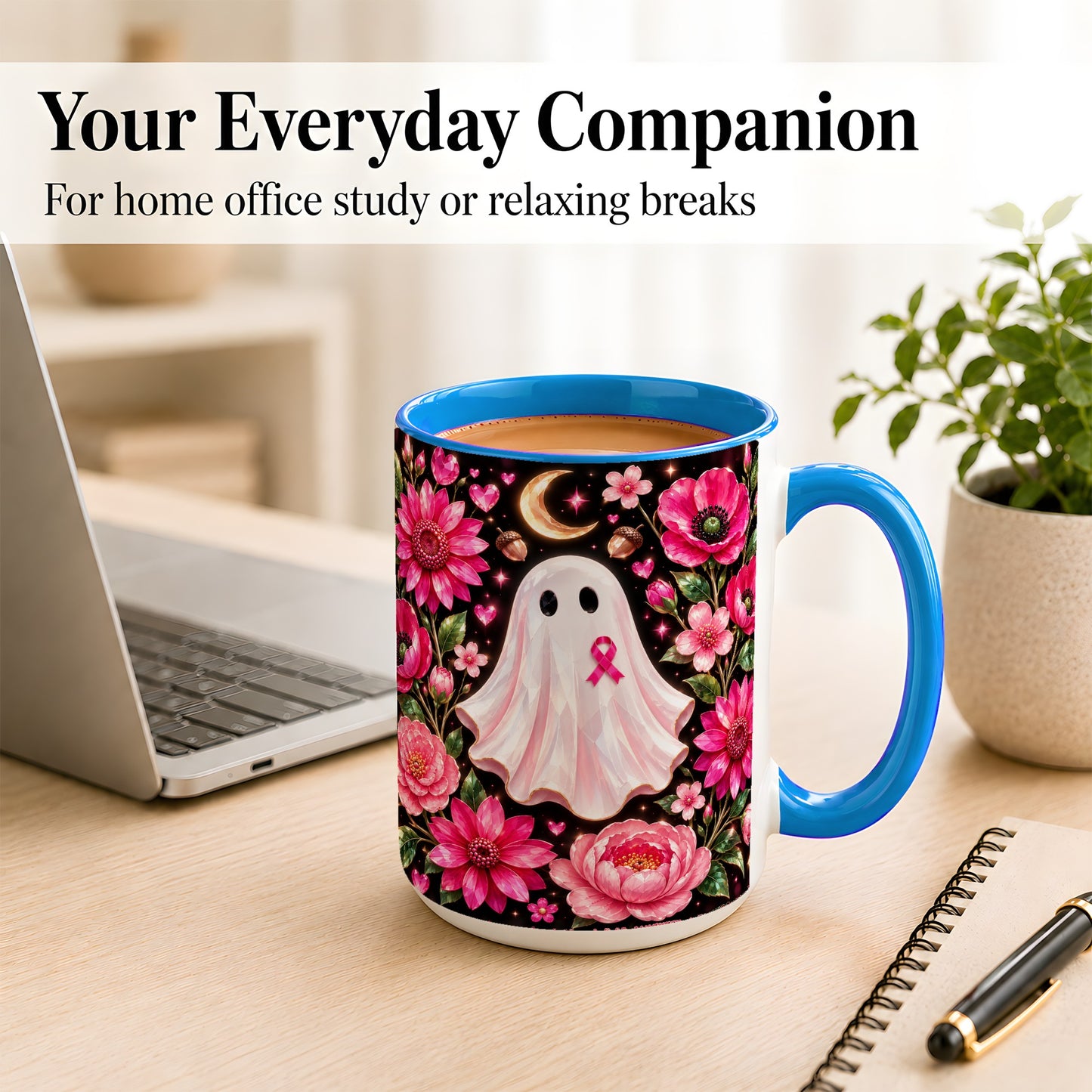 #pl[15oz|Blue] Gem Style Pink Ghost Coffee Mug, Awareness Ribbon Mug, Ceramic Cup