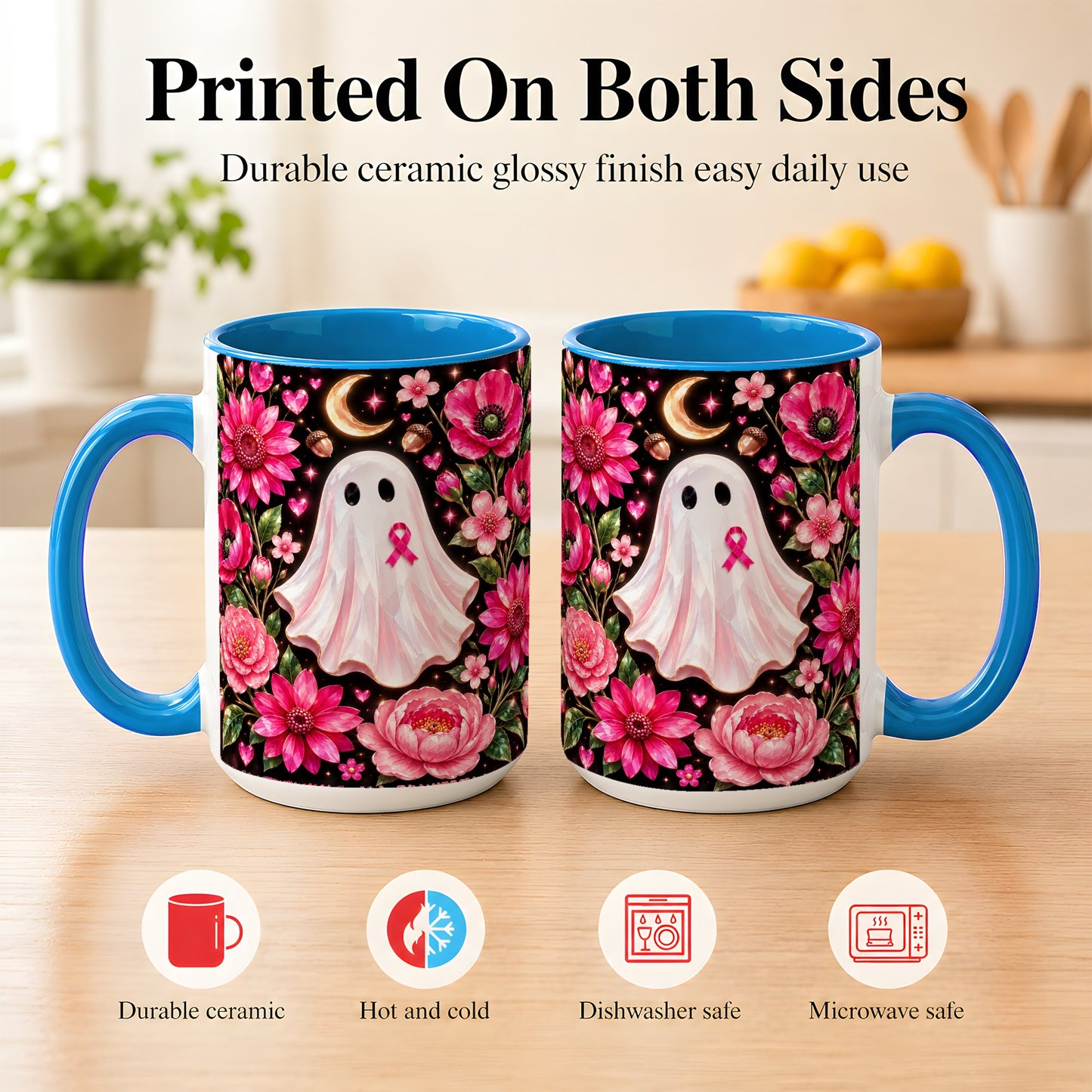 #pl[15oz|Blue] Gem Style Pink Ghost Coffee Mug, Awareness Ribbon Mug, Ceramic Cup