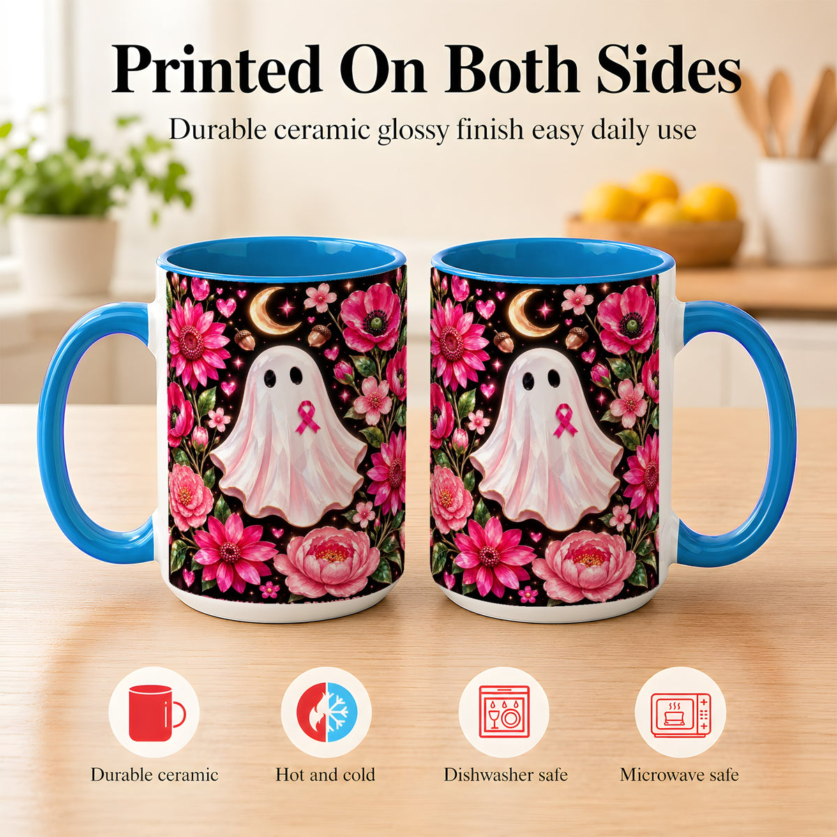 #pl[15oz|Blue] Gem Style Pink Ghost Coffee Mug, Awareness Ribbon Mug, Ceramic Cup