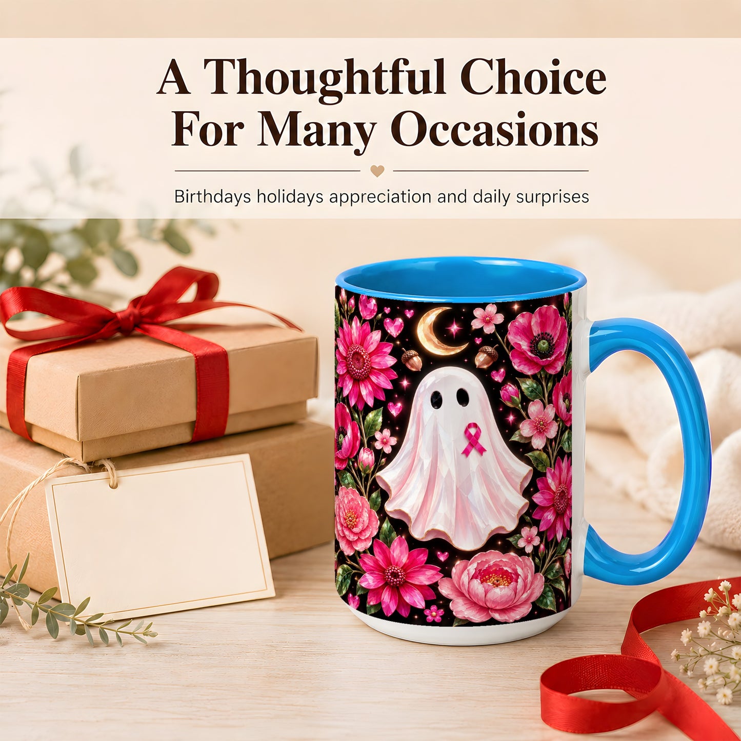 #pl[15oz|Blue] Gem Style Pink Ghost Coffee Mug, Awareness Ribbon Mug, Ceramic Cup
