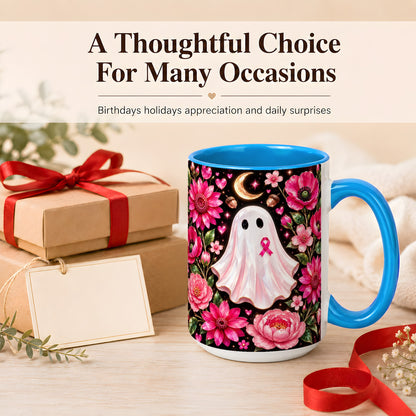 #pl[15oz|Blue] Gem Style Pink Ghost Coffee Mug, Awareness Ribbon Mug, Ceramic Cup