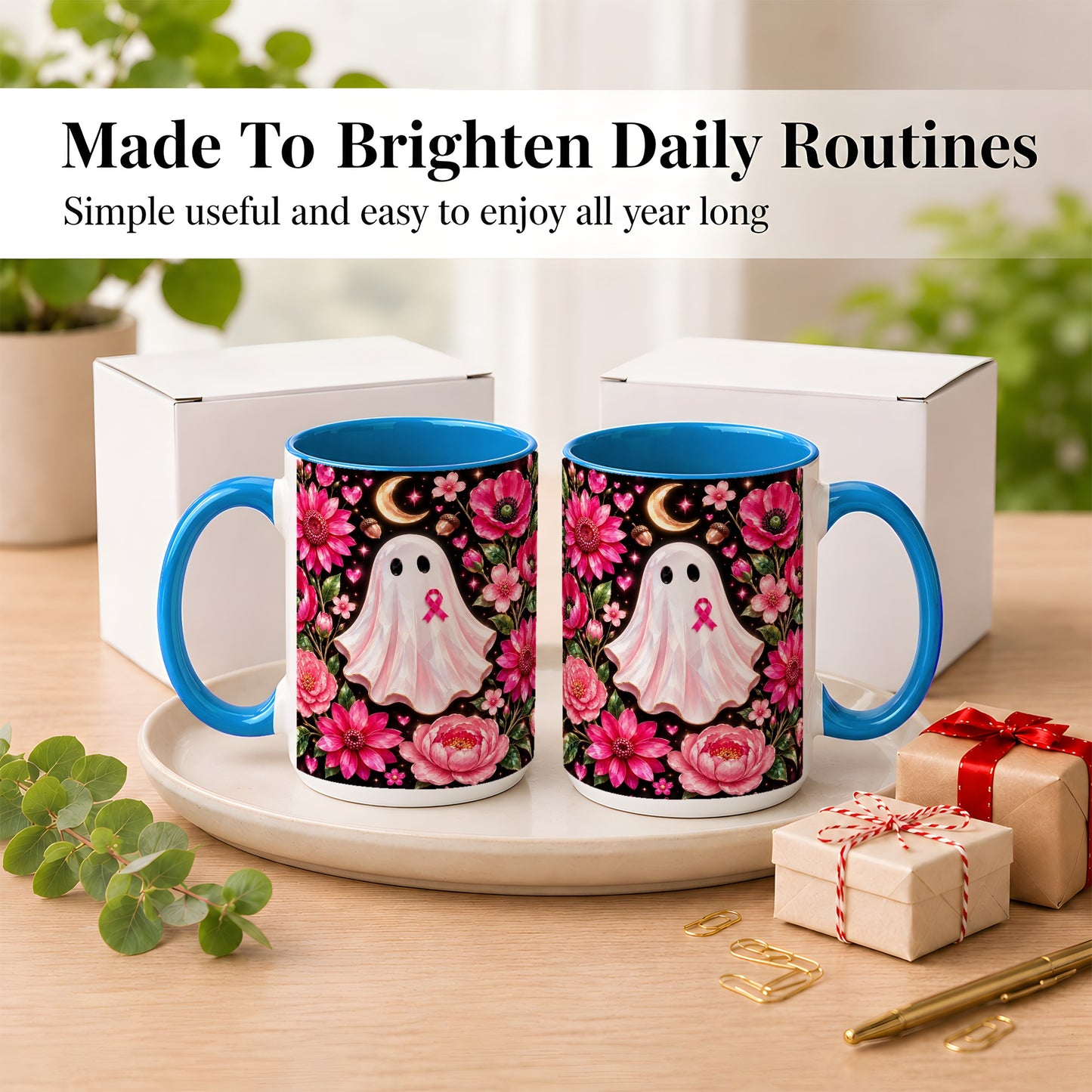#pl[15oz|Blue] Gem Style Pink Ghost Coffee Mug, Awareness Ribbon Mug, Ceramic Cup