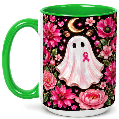 #pl[15oz|Green] Gem Style Pink Ghost Coffee Mug, Awareness Ribbon Mug, Ceramic Cup