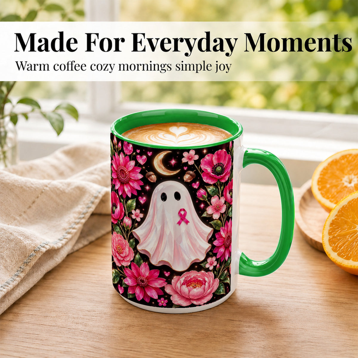 #pl[15oz|Green] Gem Style Pink Ghost Coffee Mug, Awareness Ribbon Mug, Ceramic Cup