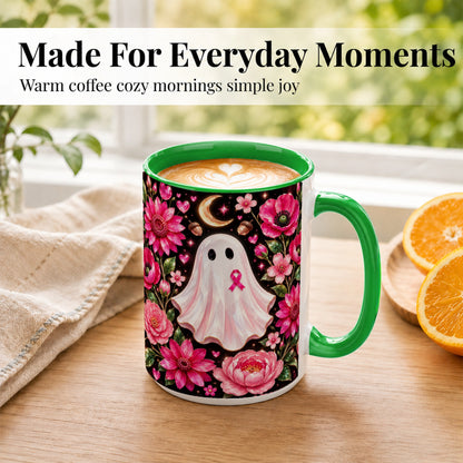 #pl[15oz|Green] Gem Style Pink Ghost Coffee Mug, Awareness Ribbon Mug, Ceramic Cup