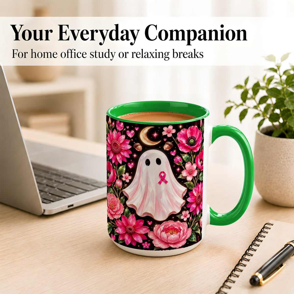 #pl[15oz|Green] Gem Style Pink Ghost Coffee Mug, Awareness Ribbon Mug, Ceramic Cup