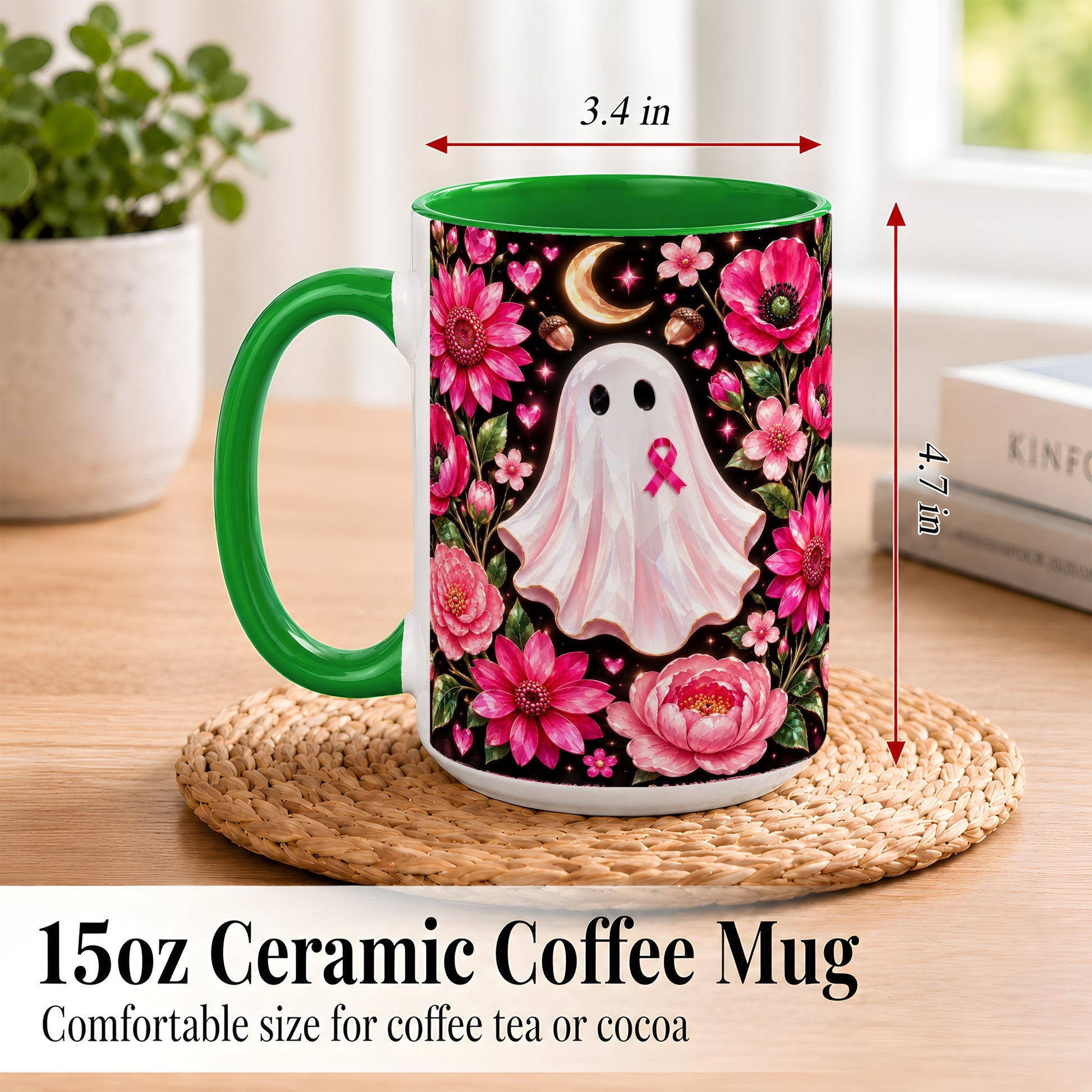 #pl[15oz|Green] Gem Style Pink Ghost Coffee Mug, Awareness Ribbon Mug, Ceramic Cup