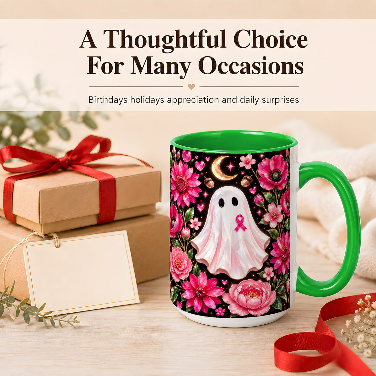 #pl[15oz|Green] Gem Style Pink Ghost Coffee Mug, Awareness Ribbon Mug, Ceramic Cup