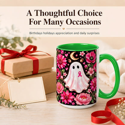 #pl[15oz|Green] Gem Style Pink Ghost Coffee Mug, Awareness Ribbon Mug, Ceramic Cup