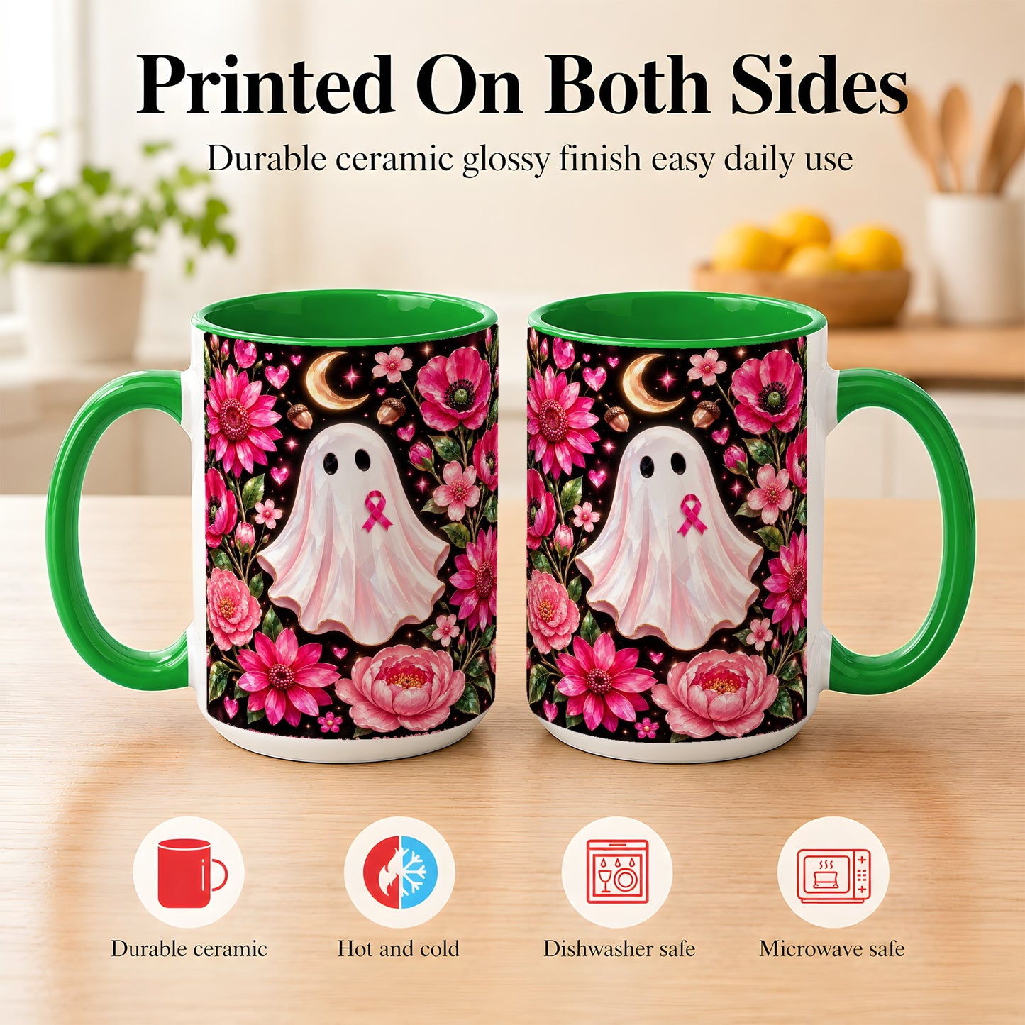 #pl[15oz|Green] Gem Style Pink Ghost Coffee Mug, Awareness Ribbon Mug, Ceramic Cup
