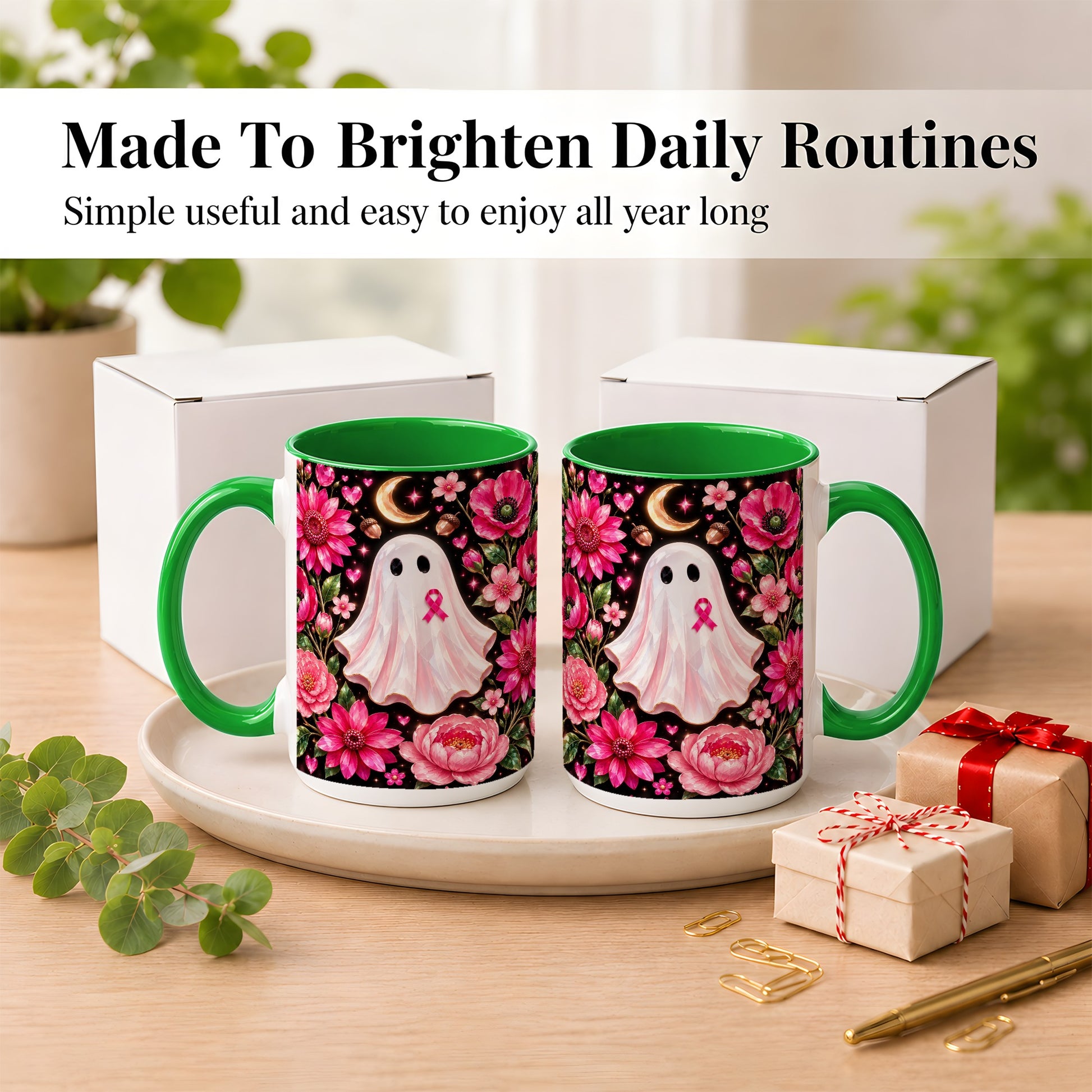 #pl[15oz|Green] Gem Style Pink Ghost Coffee Mug, Awareness Ribbon Mug, Ceramic Cup