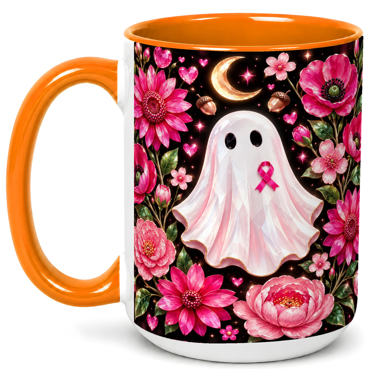 #pl[15oz|Orange] Gem Style Pink Ghost Coffee Mug, Awareness Ribbon Mug, Ceramic Cup