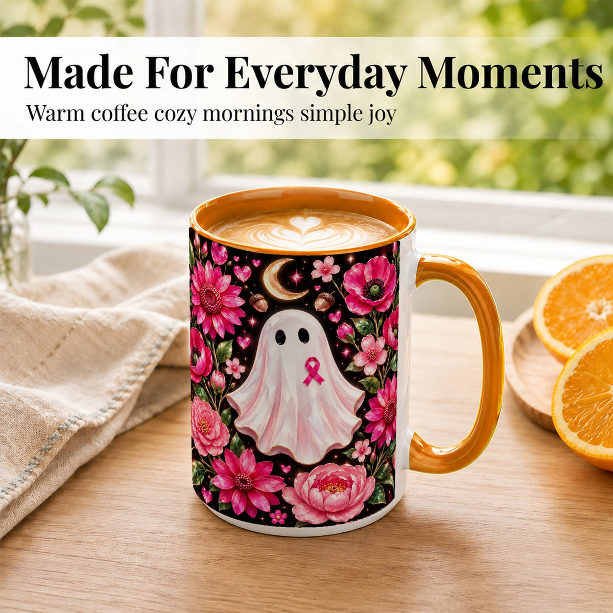 #pl[15oz|Orange] Gem Style Pink Ghost Coffee Mug, Awareness Ribbon Mug, Ceramic Cup