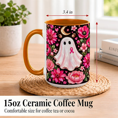 #pl[15oz|Orange] Gem Style Pink Ghost Coffee Mug, Awareness Ribbon Mug, Ceramic Cup