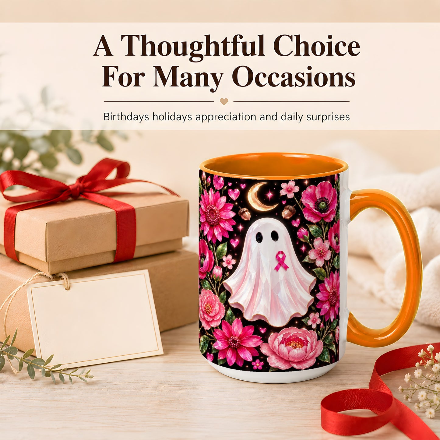 #pl[15oz|Orange] Gem Style Pink Ghost Coffee Mug, Awareness Ribbon Mug, Ceramic Cup