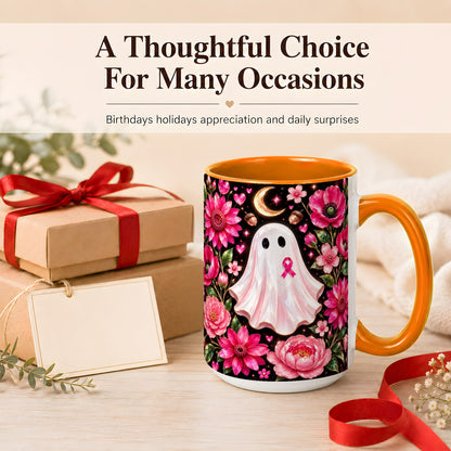 #pl[15oz|Orange] Gem Style Pink Ghost Coffee Mug, Awareness Ribbon Mug, Ceramic Cup