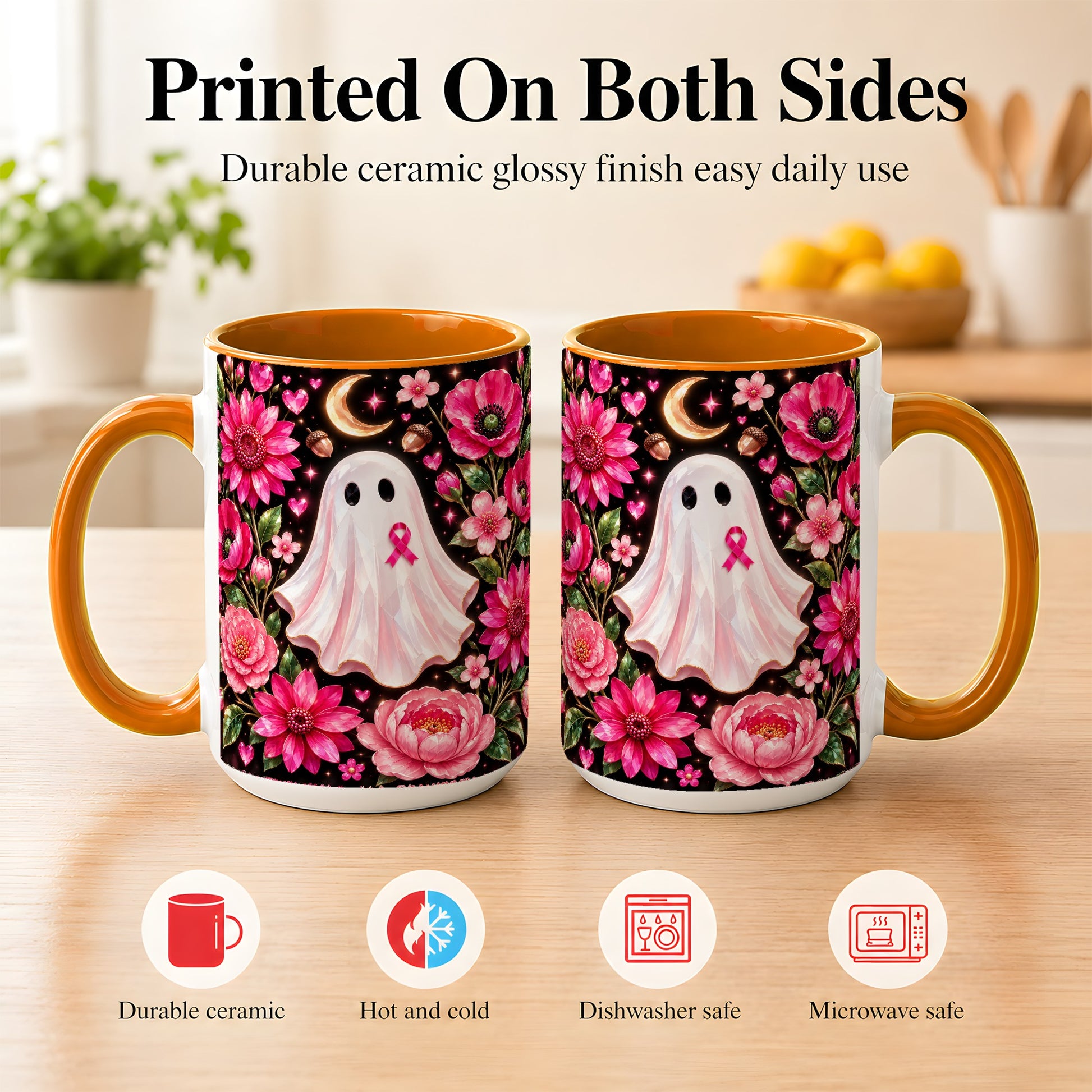 #pl[15oz|Orange] Gem Style Pink Ghost Coffee Mug, Awareness Ribbon Mug, Ceramic Cup