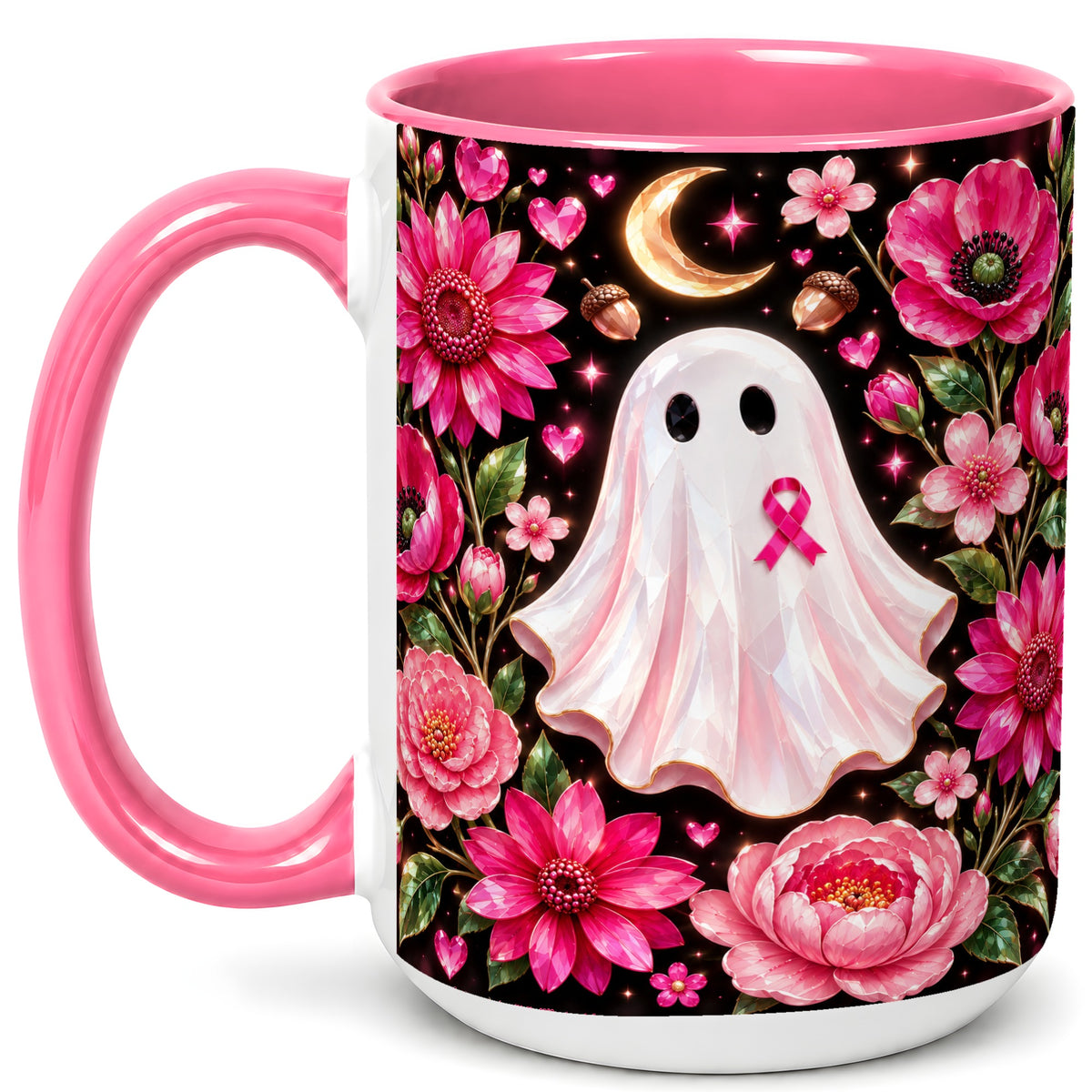 #pl[15oz|Pink] Gem Style Pink Ghost Coffee Mug, Awareness Ribbon Mug, Ceramic Cup