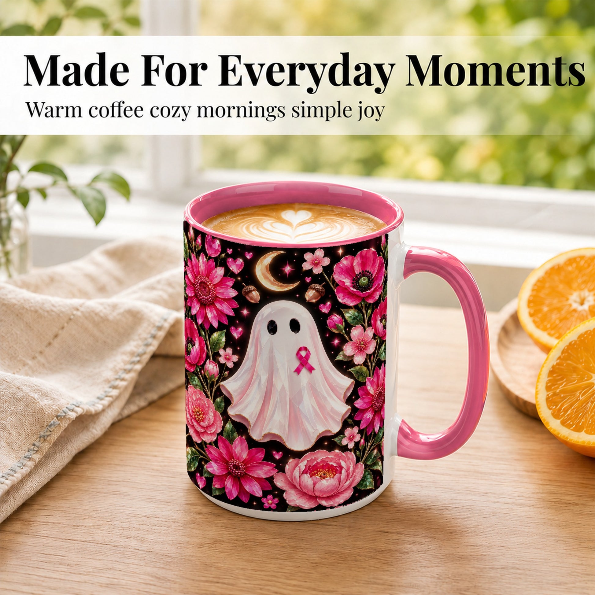 #pl[15oz|Pink] Gem Style Pink Ghost Coffee Mug, Awareness Ribbon Mug, Ceramic Cup