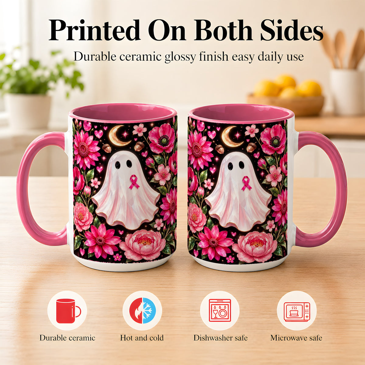 #pl[15oz|Pink] Gem Style Pink Ghost Coffee Mug, Awareness Ribbon Mug, Ceramic Cup