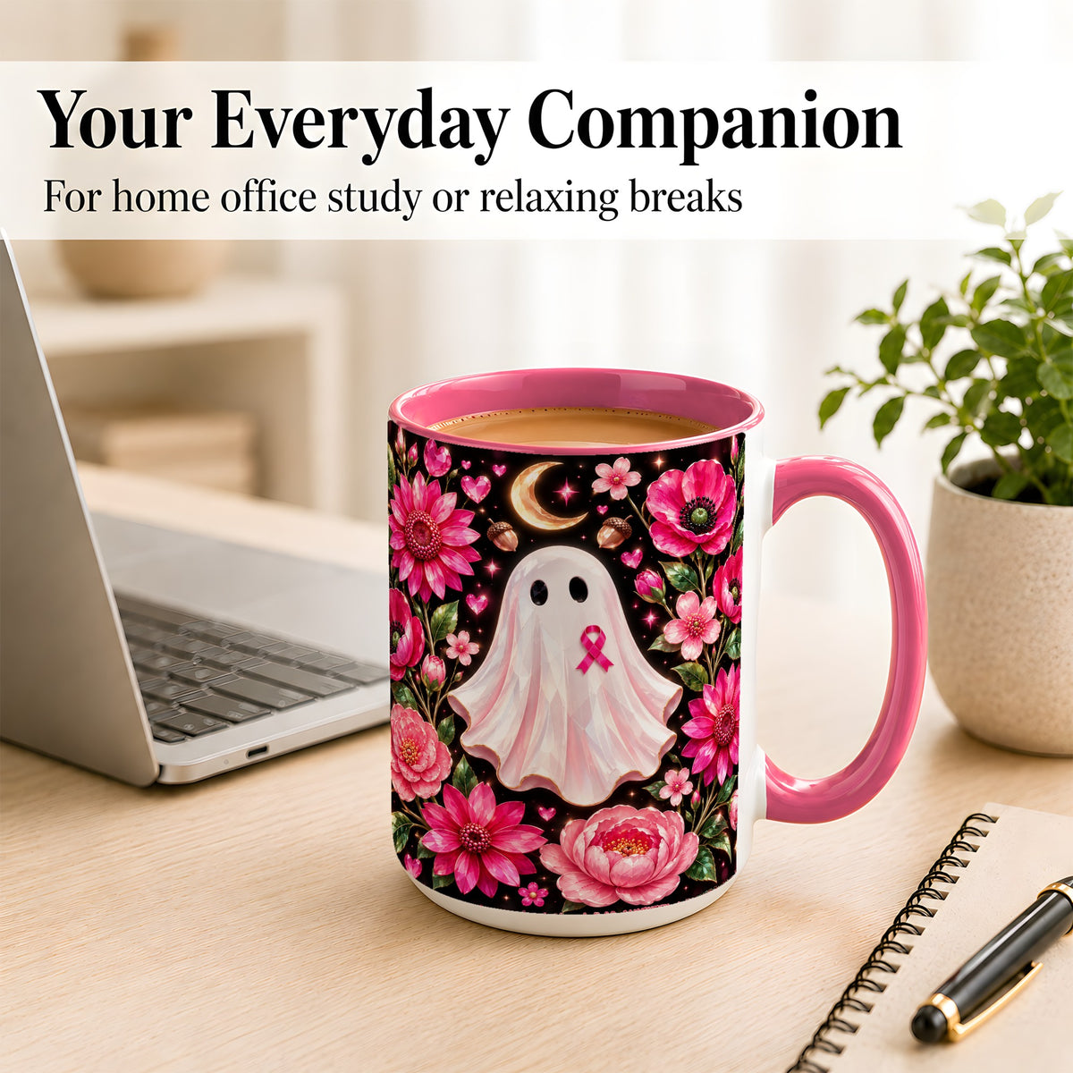 #pl[15oz|Pink] Gem Style Pink Ghost Coffee Mug, Awareness Ribbon Mug, Ceramic Cup